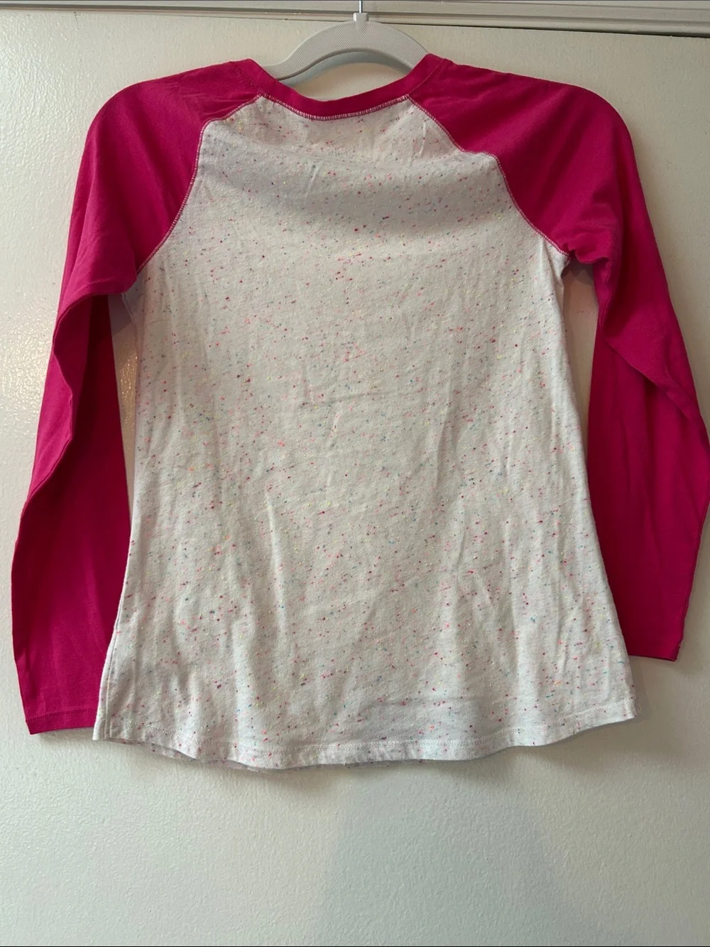Justice White Tee with Hot Pink Raglan and Confetti Speckles